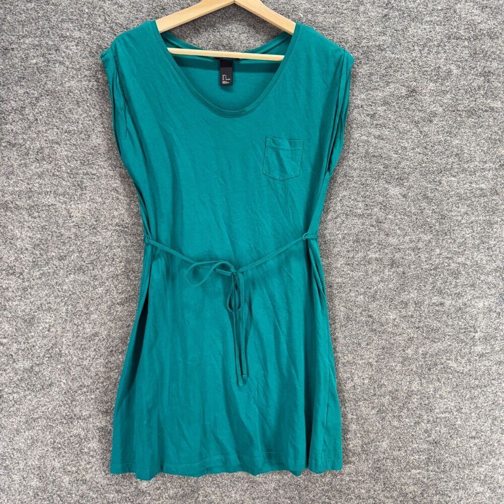 H&M Dress Women S Small Blue Sheath Short Belted Sleeveless Cotton Round Neck